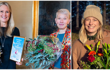 Kollagebild av tre glada kvinnor med stora blomsterbuketter och inramat diplom
