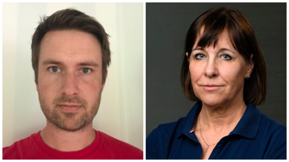 Två porträttbilder. Till vänster en brunhårig man i 40-årsåldern med röd t-shirt och till höger en brunhårig kvinna kring 55 med marinblå pike-tröja.